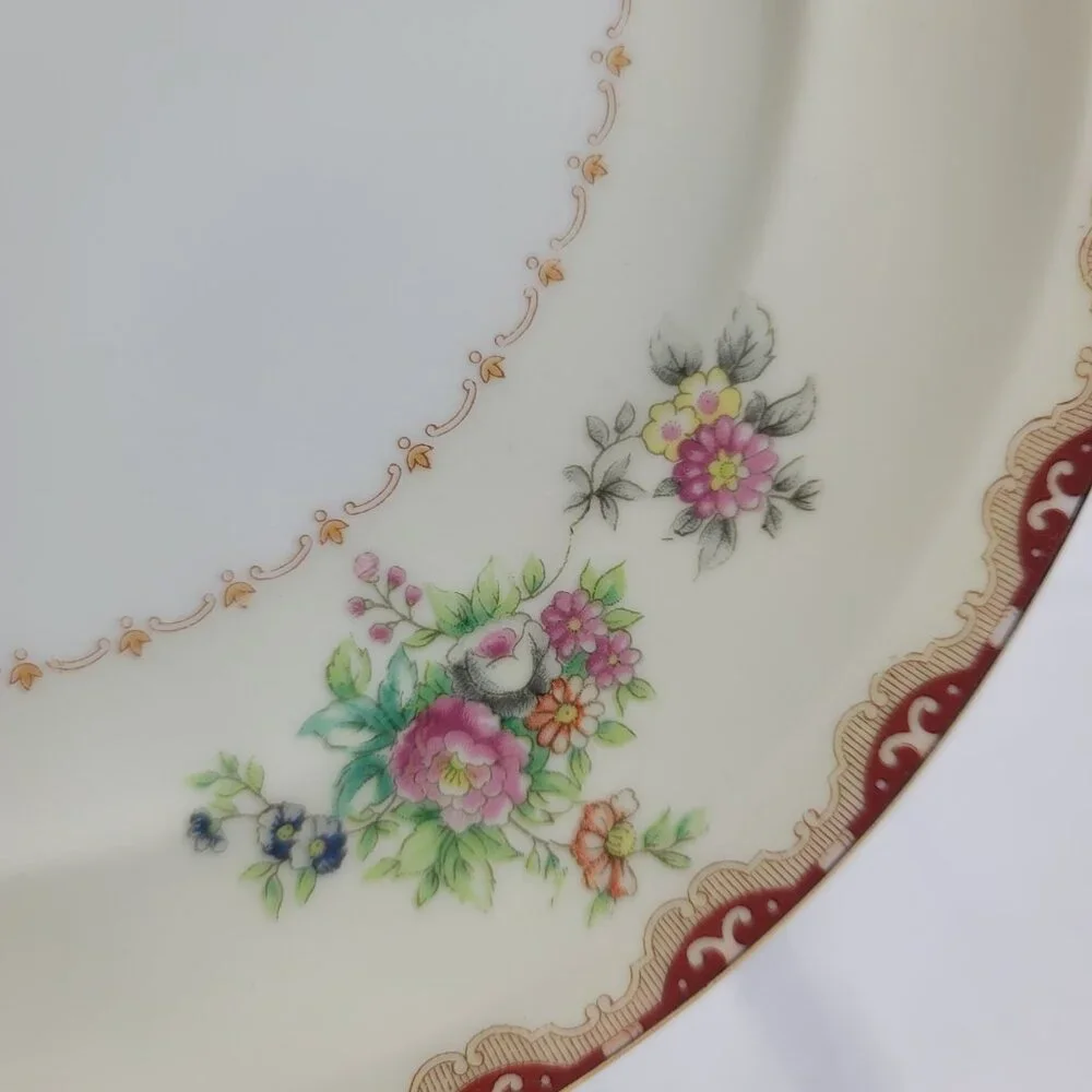 TWO Meito Keepsake Dinner Plates Ivory with Rust & Tan Scroll & Floral Rim